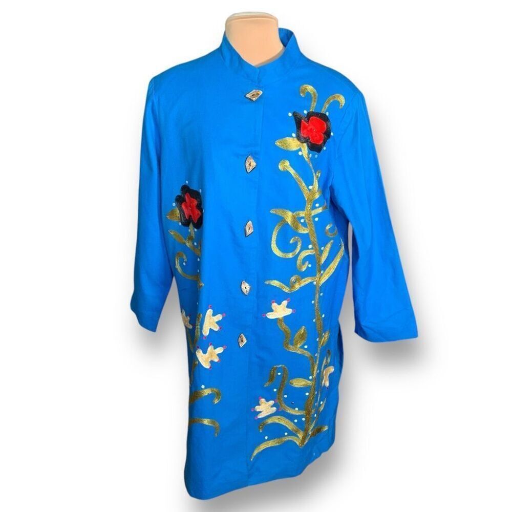 Vintage Indigo Moon Embroidered Blue Floral Embellished Asian Longline Jacket 1X